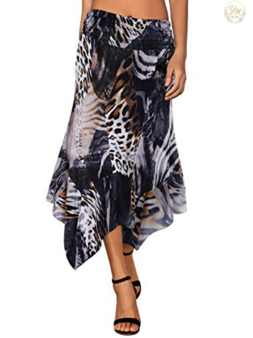 Women's Flowy Handkerchief Hem Midi Skirt - Rayon Blend, Elastic Waist, A-Line,